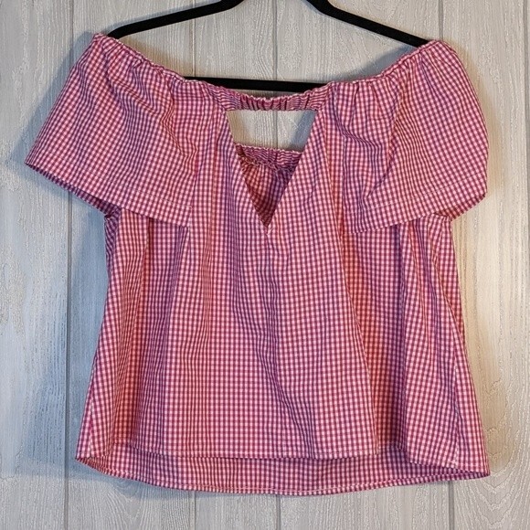 TOPSHOP Maggie Bardot Gingham Pink White Checkered Plaid Off the Shoulder SZ 8 - Picture 6 of 7